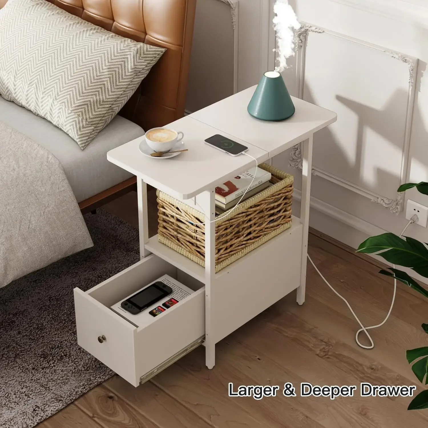 End Table with Charging Station, Narrow Side Table with Drawer and USB Ports & Power Outlets, Nightstand Bedside Tables f