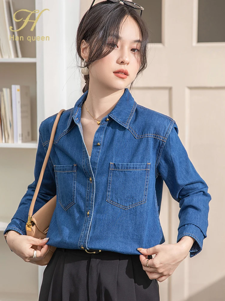 

H Han Queen New Autumn Pocket Denim Women's Blouses Chic Vintage Work Casual Tops Elegant Loose Office Shirt 2025 Woman Clothing