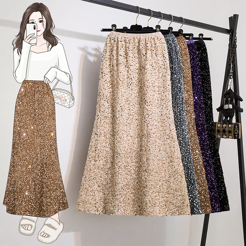 

Stylish Velvet Sequins Long Bodycon Skirt For Women Elegant Fashio Chic Ladies Elastic High Waist Mermaid Skirts Ropa Mujer 2024