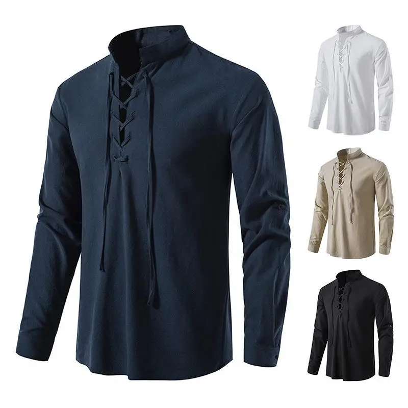 

Men's Cotton Linen Shirt Bohemian Beach Stand Collar Anti-Wrinkle Treatment Long Sleeve Casual Inner Wear Color