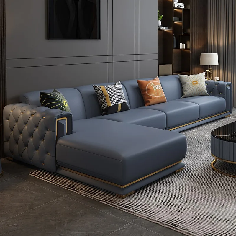 Stainless Steel Base l Shaped Microfiber Fabric Luxury Sofa Living Room Luxury Sectional Couch Living Room Sofa Set with Chaise