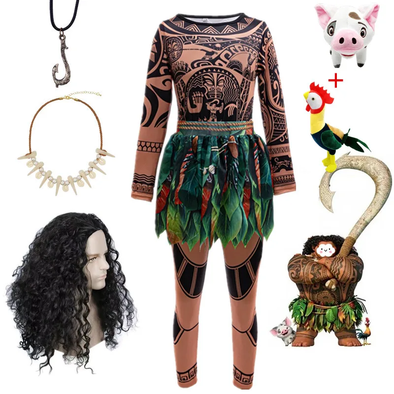 Топ с длинными рукавами и татуировкой Моаны Мауи для мальчиков + брюки, костюм, парики, очаровательный комплект на Хэллоуин для мальчиков, косплей, карнавальный наряд на день рождения, повседневные комплекты