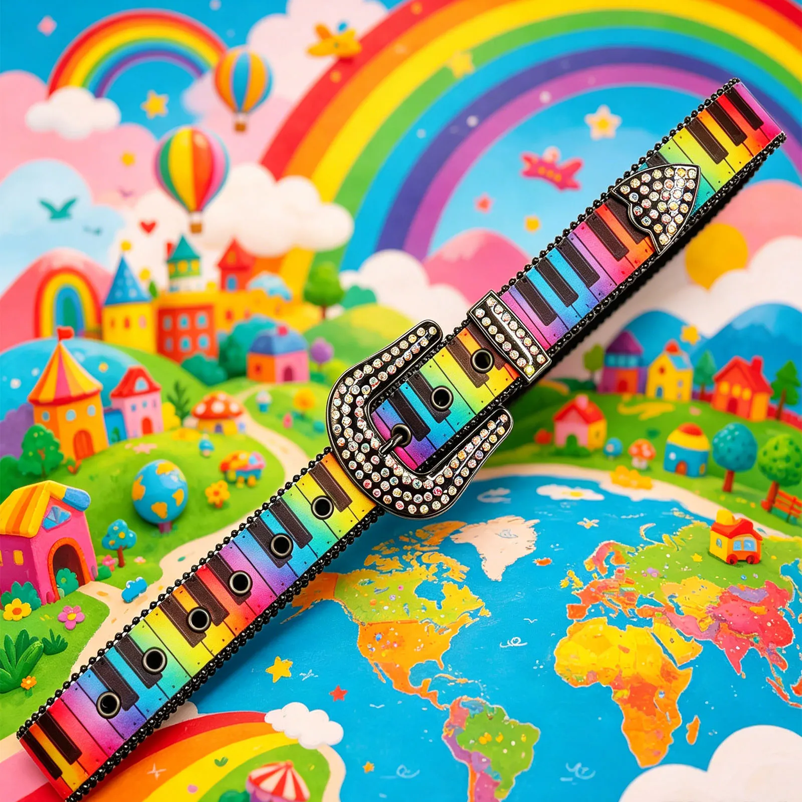 

Fashion Bling Rhinestone Buckle Piano Music Print Belt, Vintage Cowboy Style Musical Note Pattern Leather Streetwear Waist Belt