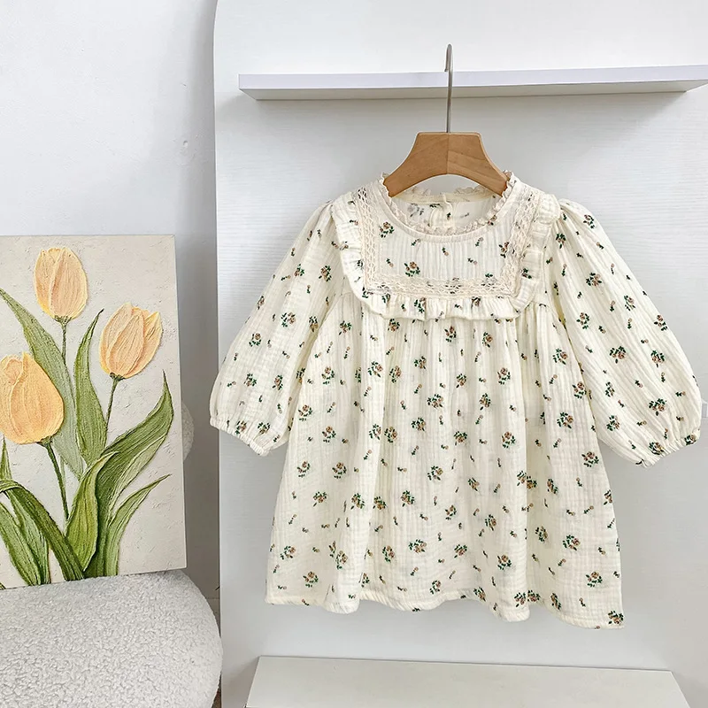 2025 Newborn Baby Girl Sister Outfit Korean Style Floral Print Long Sleeve Romper with Lace Trim Infant Girls Casual Party Dress