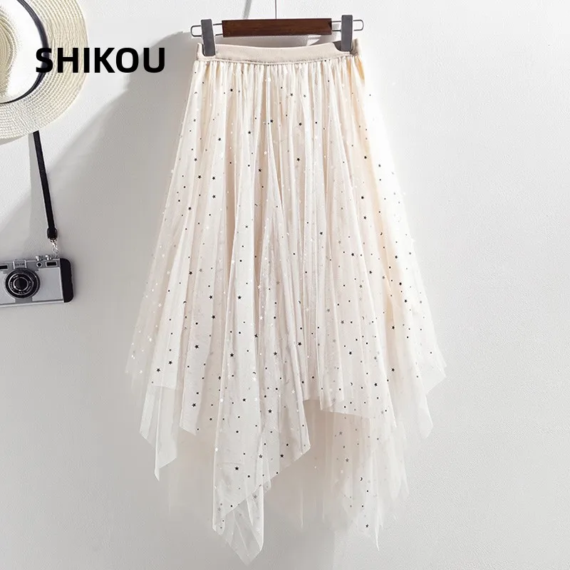 

High Waist Me Skirt Asymmetric Mid-Length Star Sequin Women's A-Line Skirt Korean Sle Commute Polyester Spandex Blend