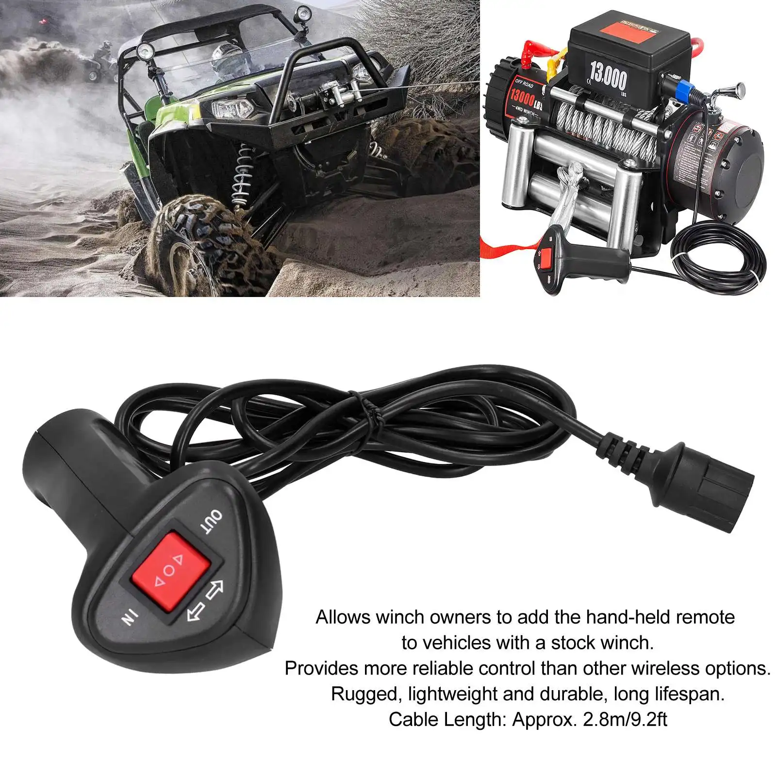 3Pin Electric Winch Remote Control Controller with 9.2ft Cable for Car Off‑Road Vehicle Off‑Road Vehicle Accessory
