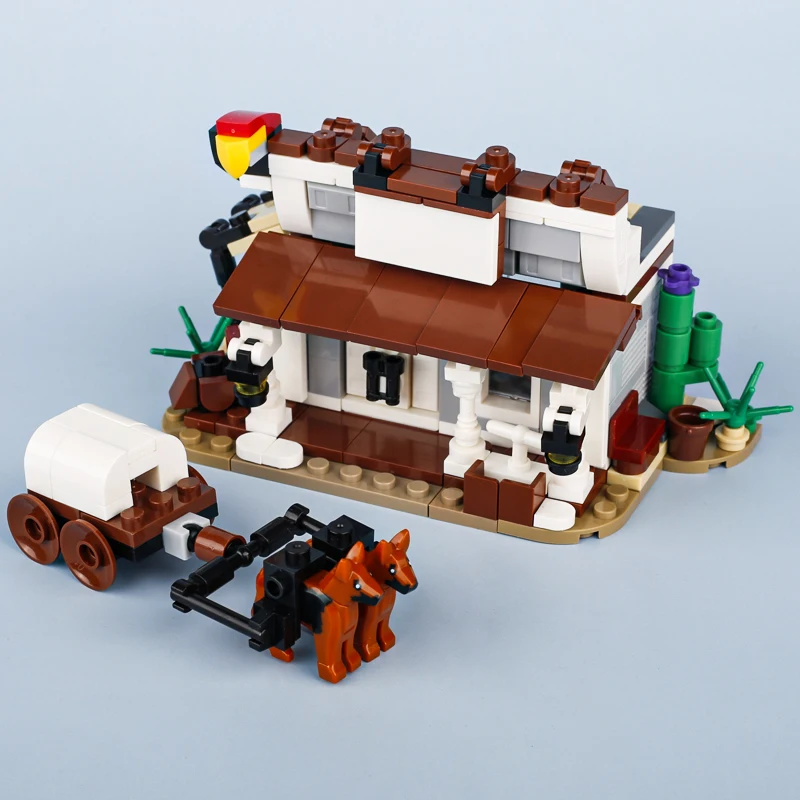 MOC Medieval General Shop Building Blocks Street View Store Scene Carriage House Horses Floor Plant Animal Car Bricks Toys Gifts