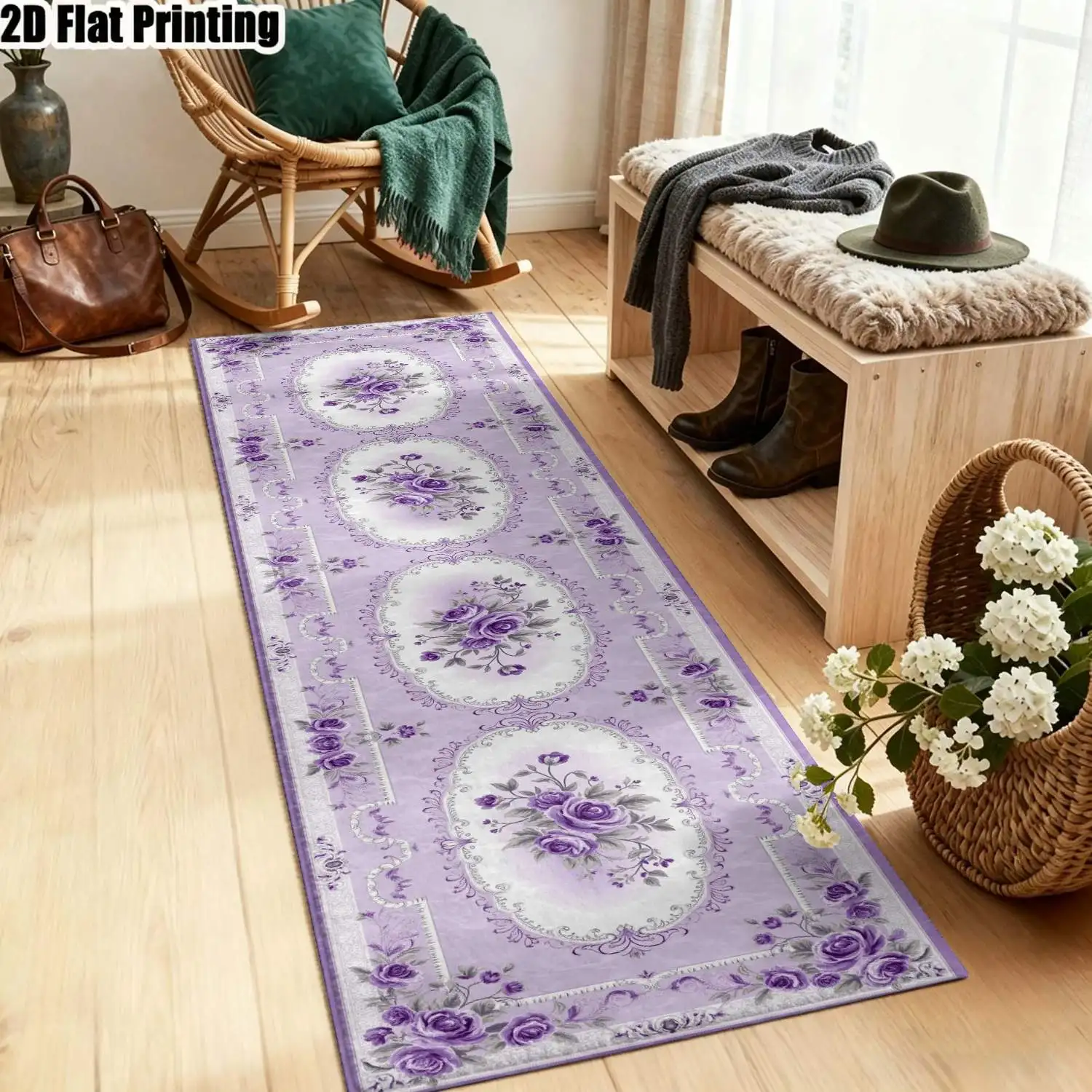 1Pc 2D Printed Long Strip Rug: Purple Floral, European/Bohemian Style, Geometric, Home Decor, Multi-Size, Machine Washable, for Entryway, Hallway, Living Room, Bedroom