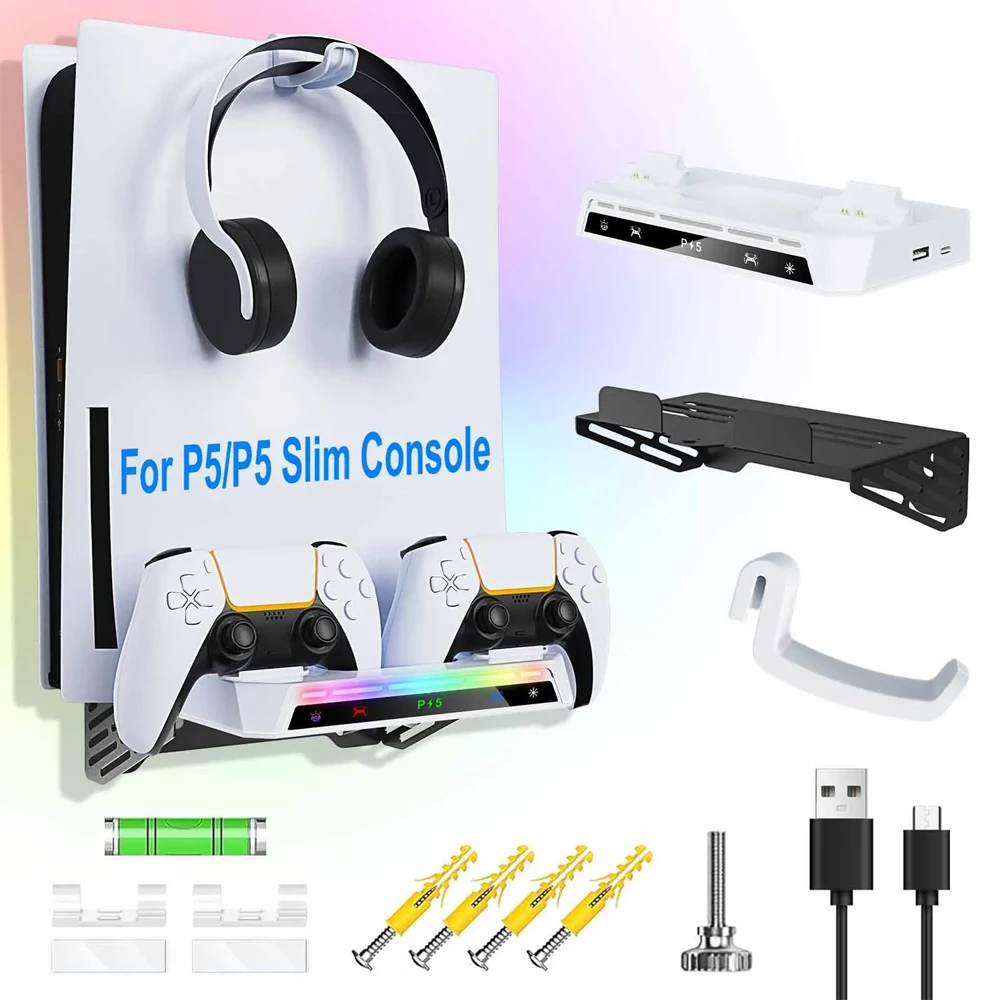 For PS5/ Pro/ Slim Console Wall Mount Kit with RGB Light Charging Station Headset Hanger For PS5 Dual Controller Accessories