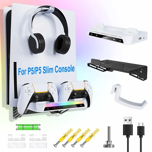 Kit de montaje en pared para consola PS5/Pro/Slim, con estación de carga de luz RGB, colgador de auriculares para accesorios de controlador Dual PS5