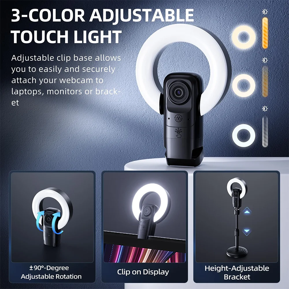 EXHQDR 4K Autofocus USB Webcam with Ring Light 3 Colors,Remote Control,Adjustable Settings,Mirror Flip,10X Zoom,Streaming Camera