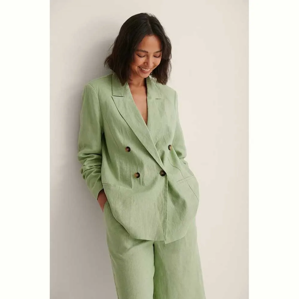 New Arrival Fashion Green Women's Suits 2 Piece Jacket Pants Double Breasted Female Clothing Smart Causal Office Blazer Sets