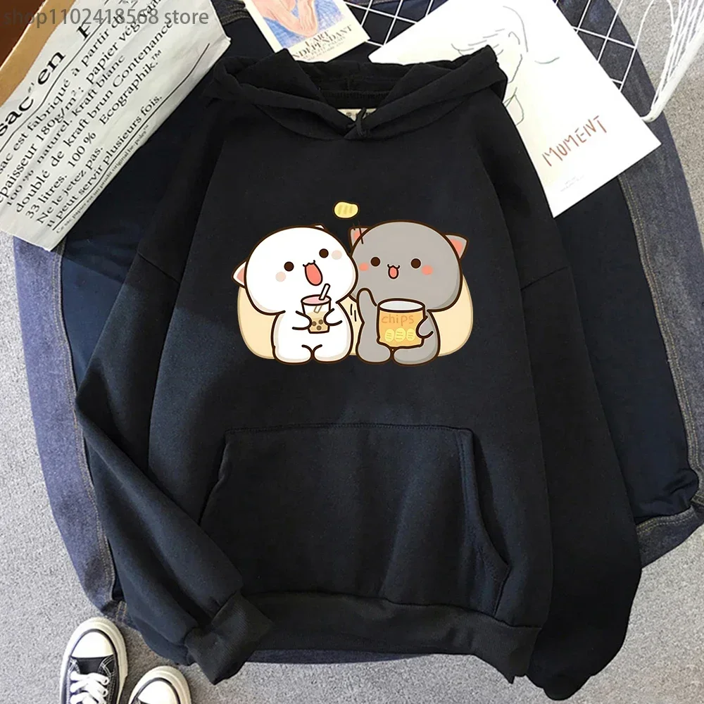 Mochi Peach Cat-sudaderas con capucha para mujer, ropa Kawaii, sudaderas con gráficos De té De burbujas, Camisetas informales Harajuku, Tops, ropa De calle para mujer