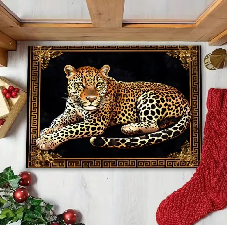 2D Flat Printing 1pc Leopard Print Golden Diamond Flannel Welcome Mat, Practical Outdoor Indoor Door Mat Bathroom Small Rug