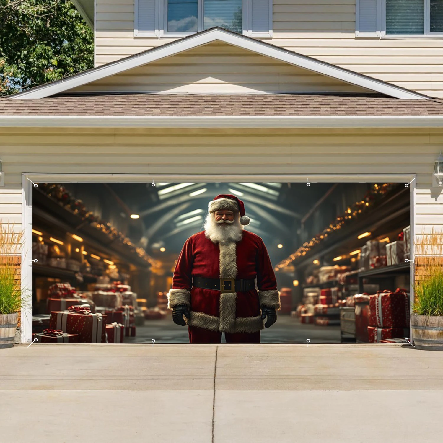 Winter Christmas Garage Door Decoration Banner Santa Claus Gifts Warehouse Large Outdoor Xmas Party Background for Photography