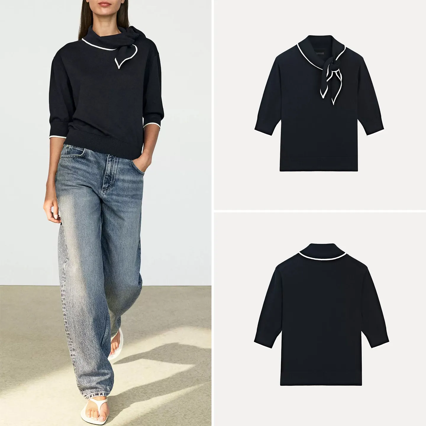 Summer Knitwear Intellect Collar Bow Detail Women's  Shirt Casual Loose Fit Short Sleeve Pure Color Fashion Trend