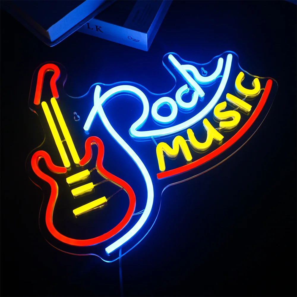 Rock Music Neon Signs Guitar Neon Signs Wall Decor USB Led Art Signs for Bedroom  Music Party Rock Studio Bar Disco Party Neon