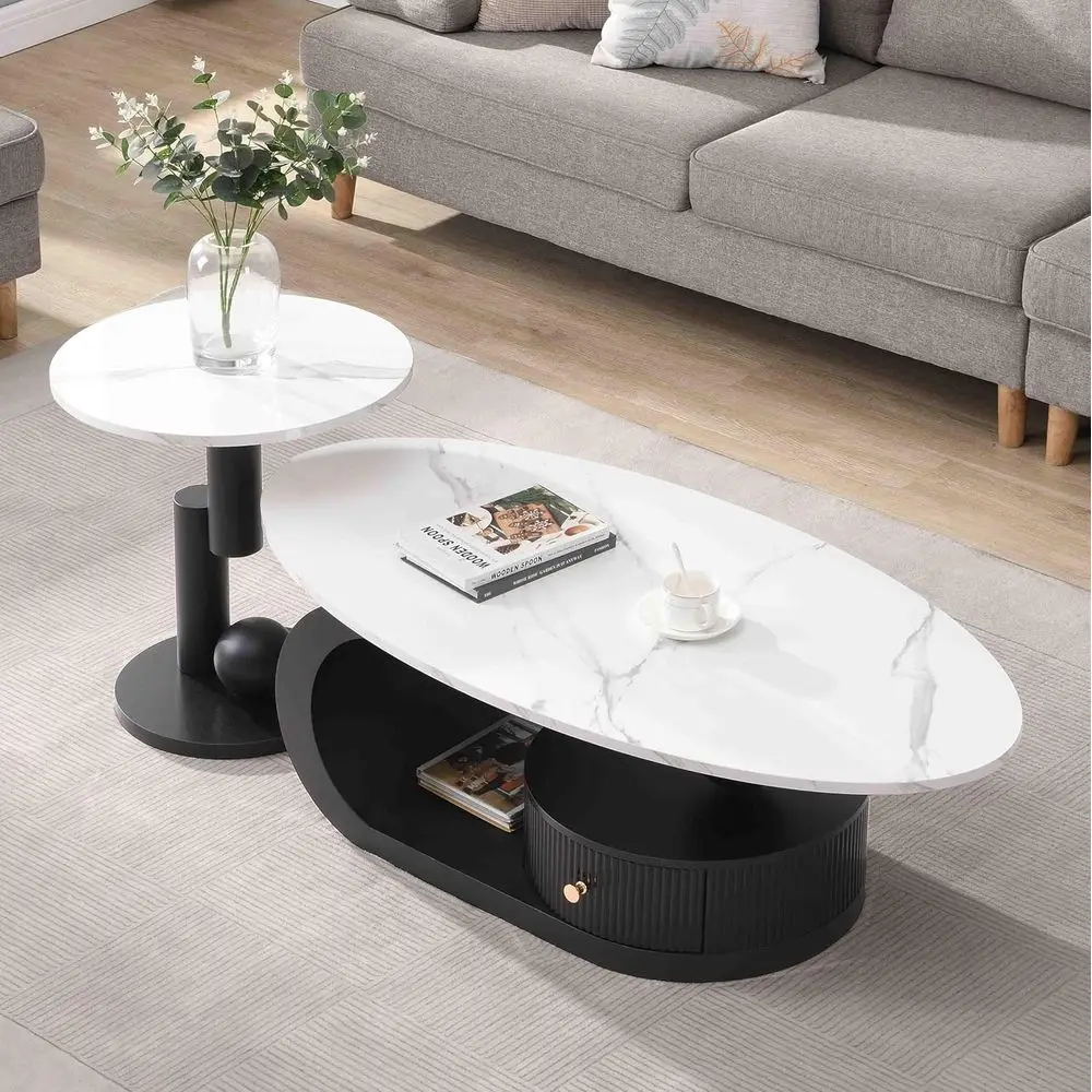 

Marble Nesting Coffee Table Set, 2-Piece Oval Living Room Table with Gold Metal Base, White Marble Grain Top, Stackable Tea Tabl