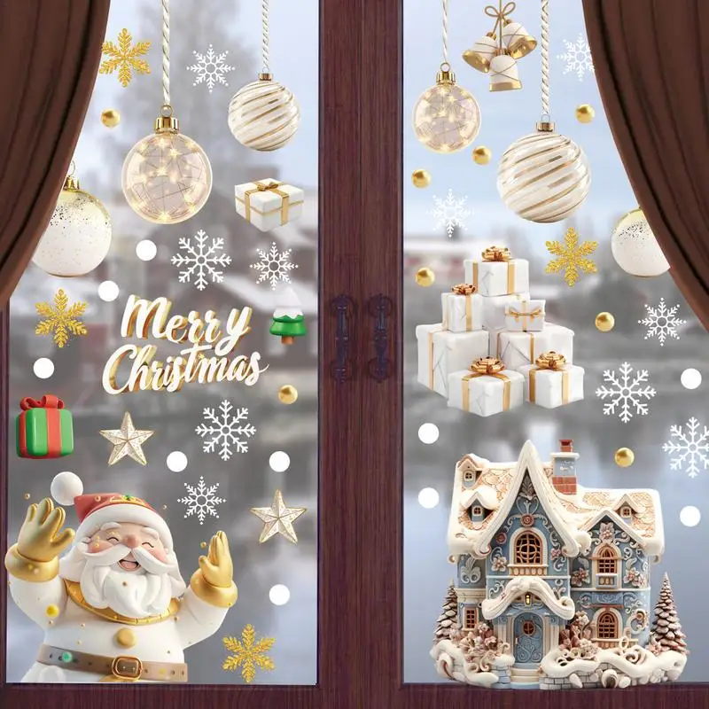 Christmas Window Clings Santa Claus Snowman Snowflake Stickers Reusable Double-Sided Static Waterproof Clings Christmas Decorati