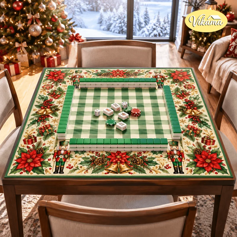 VIKAMA Green Gingham Nutcracker Christmas Mahjong Table Mat Poinsettia Bell Gift Non Slip Foldable Game Mat for Xmas Game Night