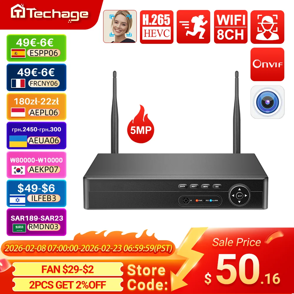 Techage H.265 NVR 8CH 5MP 4MP Беспроводной рекордер Wi-Fi CCTV IP-камера Система защиты безопасности P2P XMeye Pro ONVIF Сетевое видео