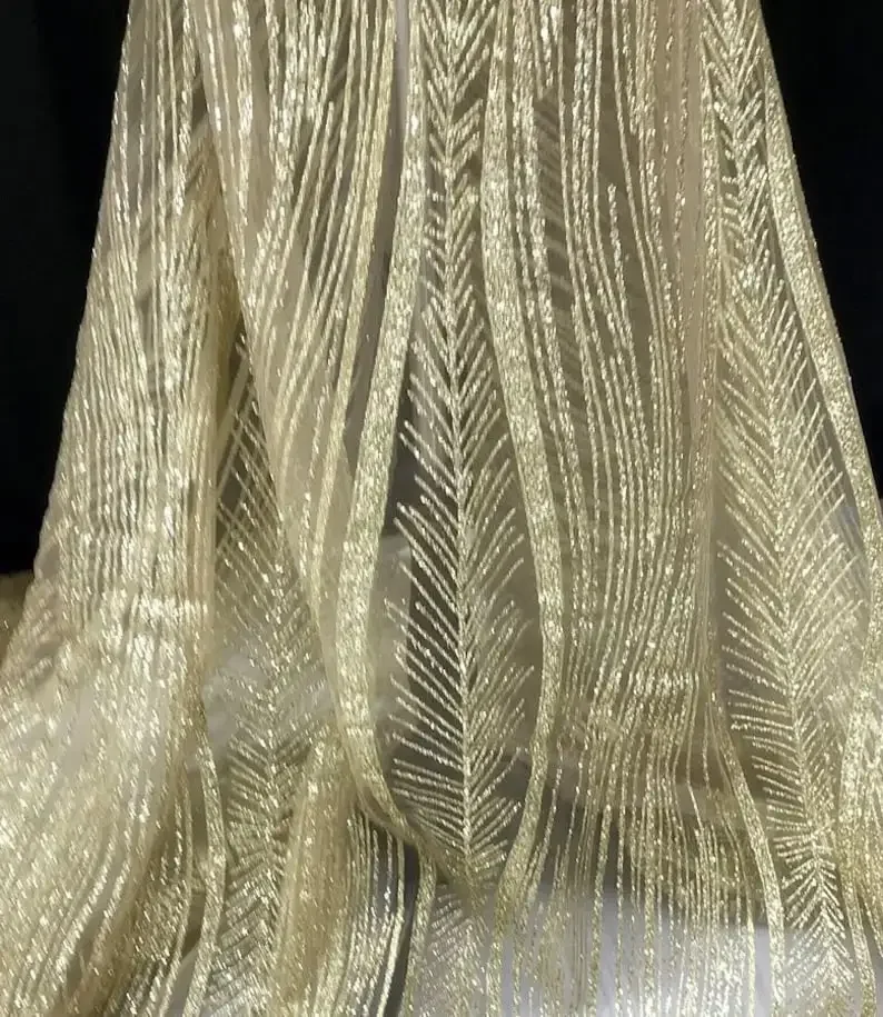 

Gold Strip glitter lace fabric Branches sequin soft tulle Fabric For Baby Tutu Dress, Gowns, Wedding Veil, party dress 1 yards