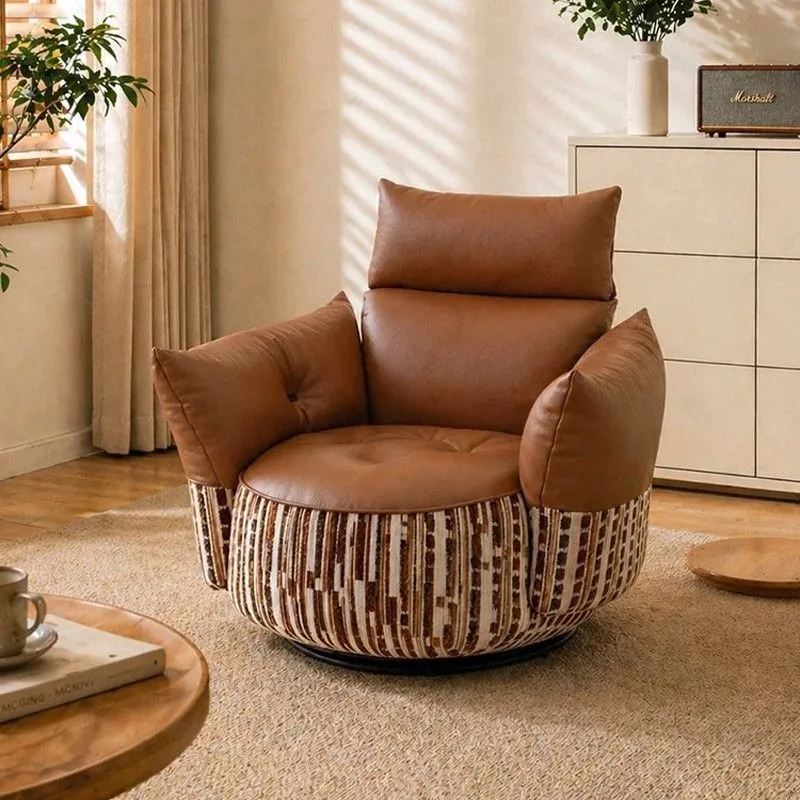 New living room rotating sofa chair, high-end super comfortable leather single leisure chair, rotatable balcony swivel chair