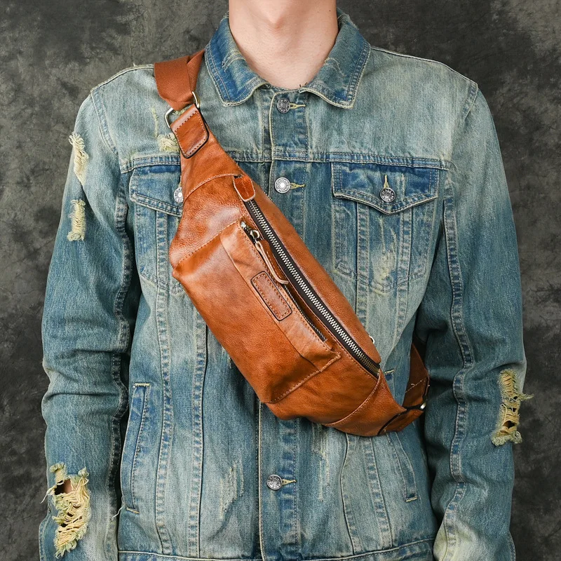 Riñoneras de cuero genuino para hombre, bolso de pecho Vintage para hombre, bolsas de viaje, riñonera, longitud de cinturón, riñonera pequeña para hombre, bolsa para teléfono