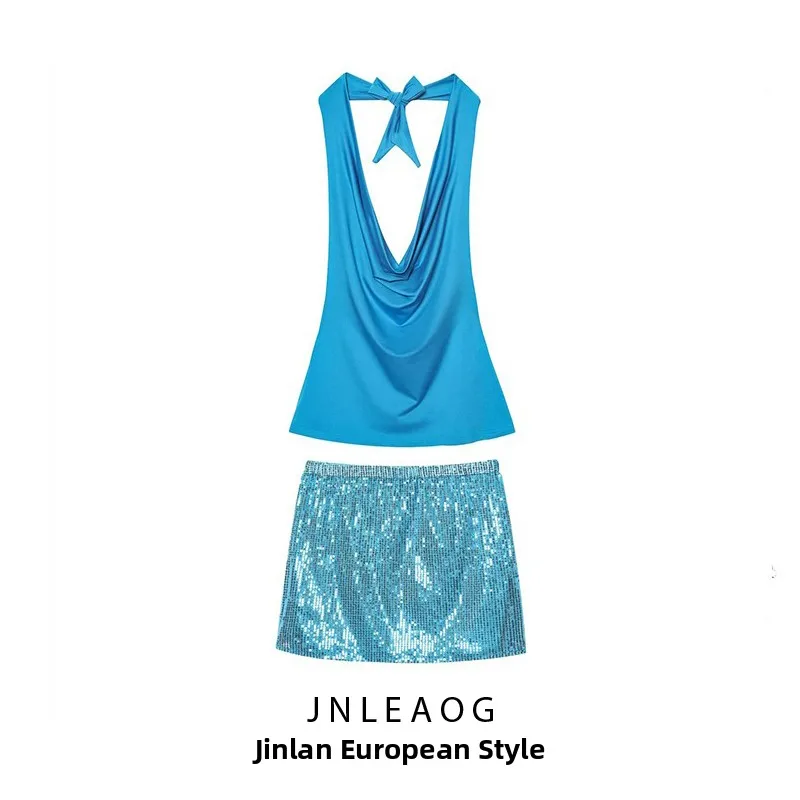 JNLEAOG Autumn New Women's Faion Design Sense Belted Top Set European Sle Slim Fit Polyester Fiber Pure Color No Chest Pad