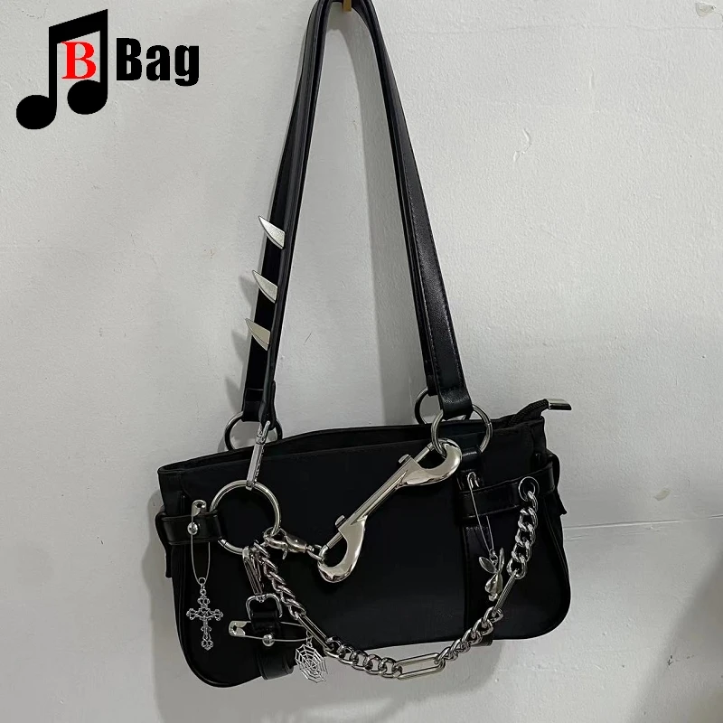 Harajuku Damen Umhängetaschen Handtaschen Taschen Moto Biker Y2k Mädchen Heavy Metal Ochsen horn Punk Tote Skelett Gothic Achsel Tasche