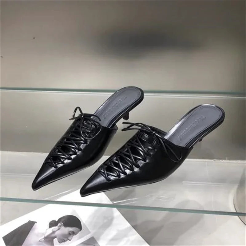 

Crossover Strap Shoes For Lady Pointed Toes Low Heels Lace-up Female Mules Zapatos PU Leather Womens Sewing Lines Chassure Femme