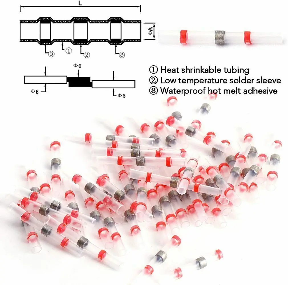 500Pcs Solder Seal Heat Shrink Sleeve Wire Butt Terminals Connectors 22-18AWG