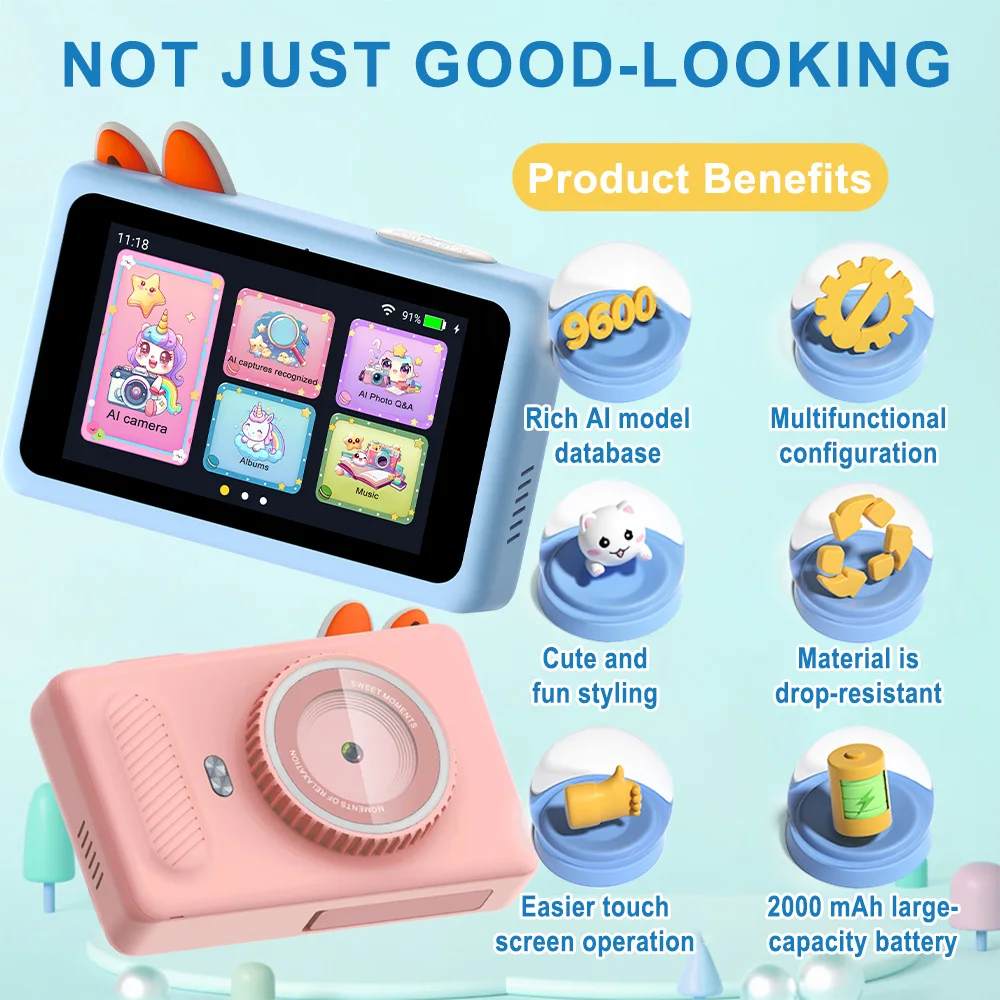 Nova câmera de aprendizagem digital AI para crianças, gravação de vídeo HD com tela sensível ao toque, tomada de fotos de beleza, câmera de aprendizagem AI Q&A