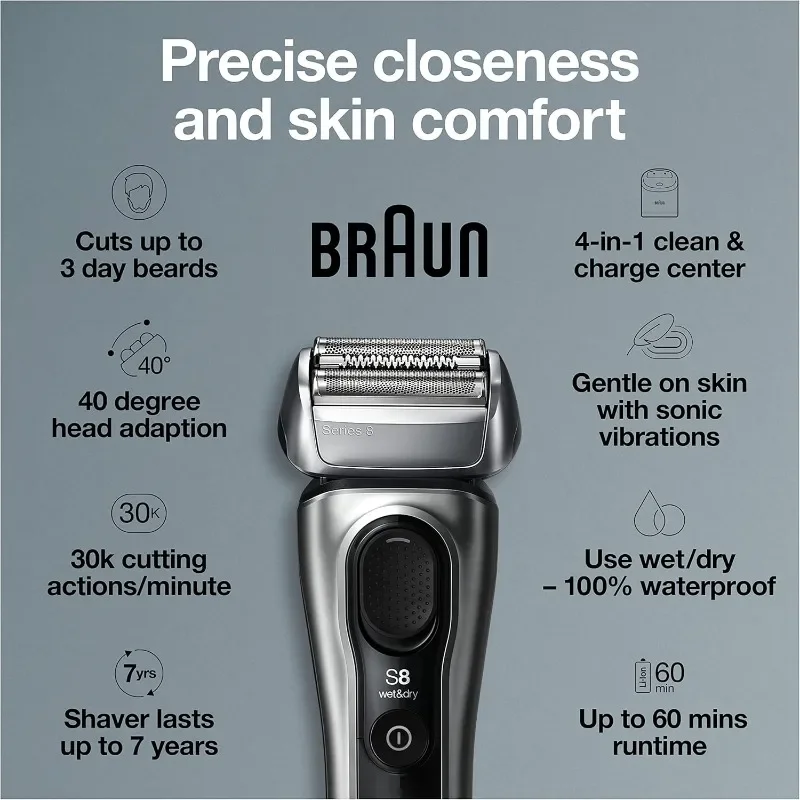 Braun Electric Razor for Men, Series 8 8457cc Electric Foil Shaver with Beard Trimmer, Cleaning & Charging SmartCare Center