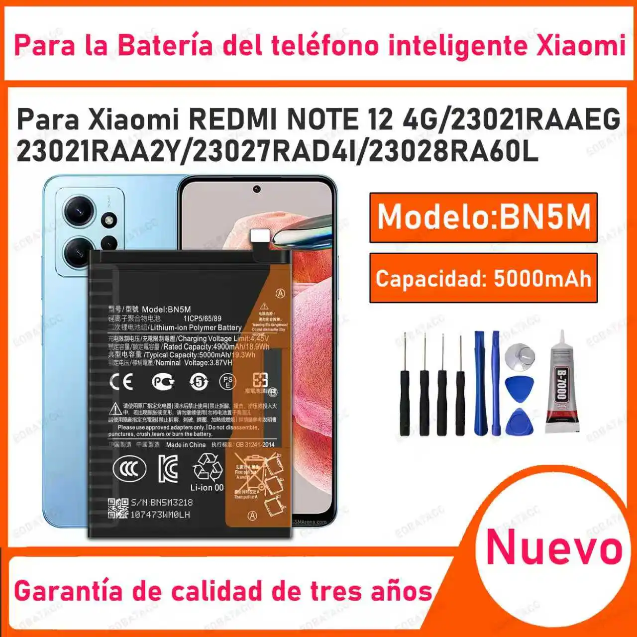 

100% новый высококачественный аккумулятор BN5M для XIAOMI REDMI ПРИМЕЧАНИЕ 12 4G/23021RAAEG/23021RAA2Y, сменные аккумуляторы + бесплатные инструменты