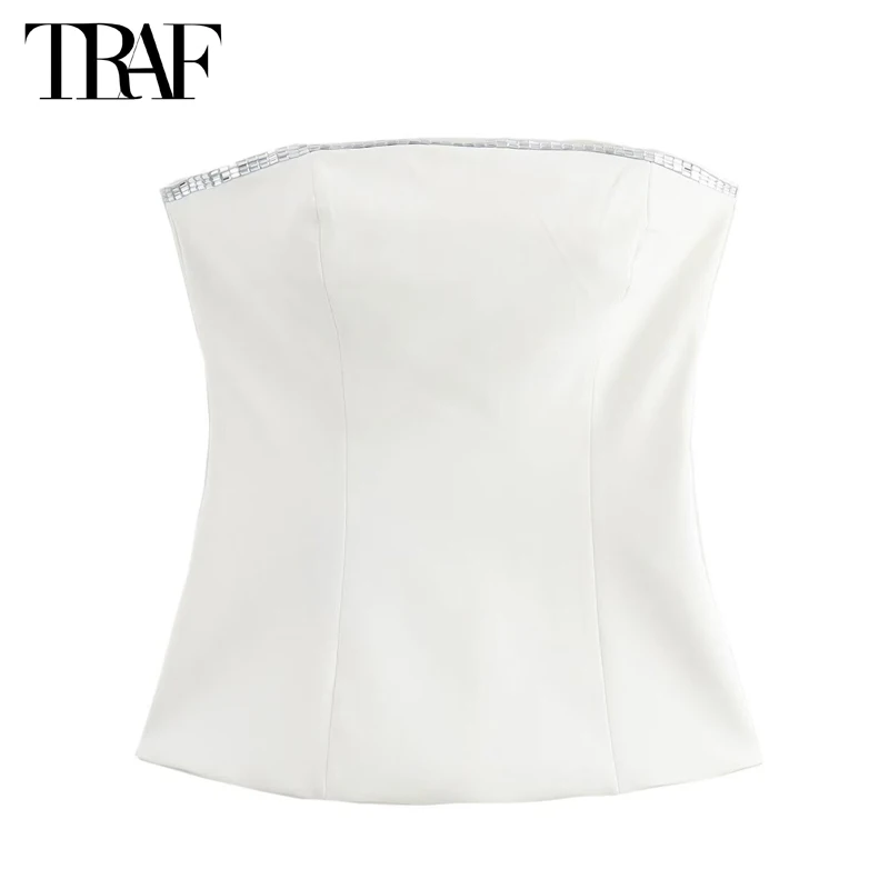 TRAF 2024 White Crop Top Women off Shoulder Tube Tops for Women Rhinestone Backless Top Female Summer Beach Bustier Top Woman