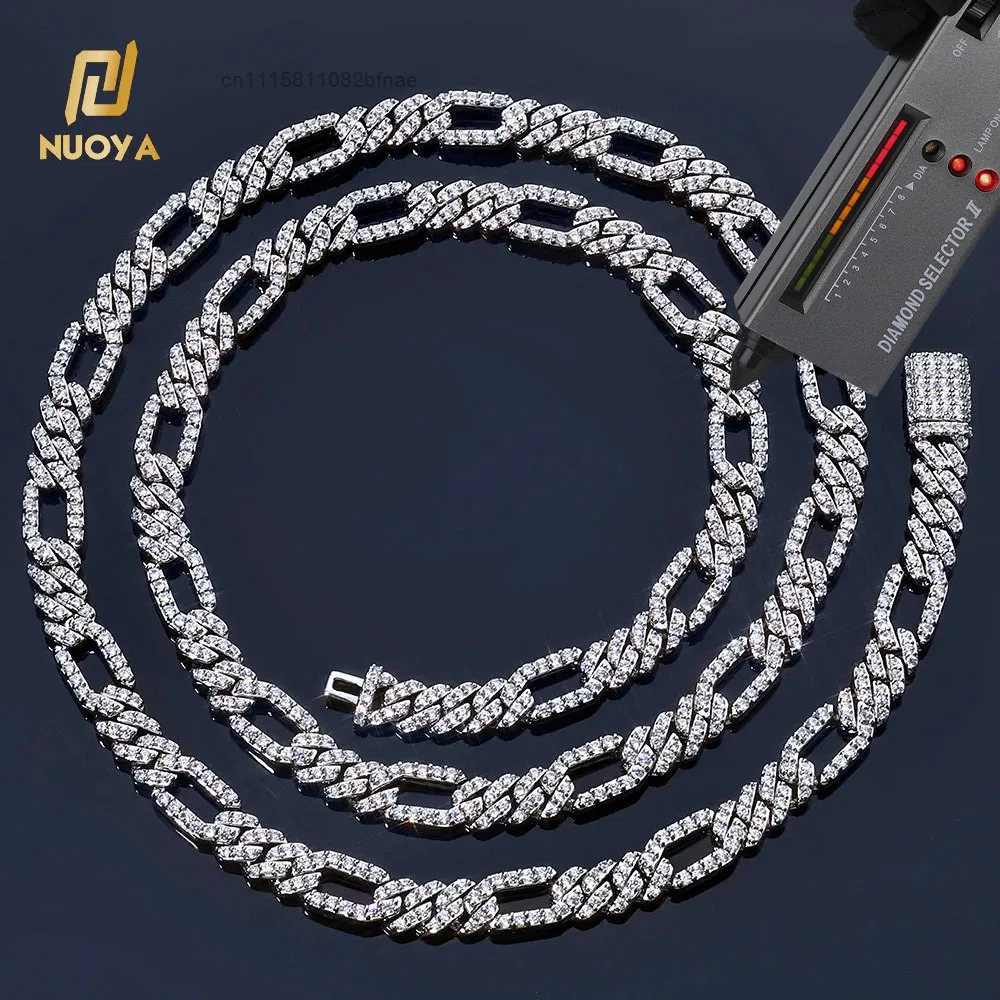 NUOYA 7mm Figaro Necklace 925 Sterling Silver Moissanite Iced Out Diamond Cuban Link Necklace Hip Hop Jewelry Pass Diamond Test，