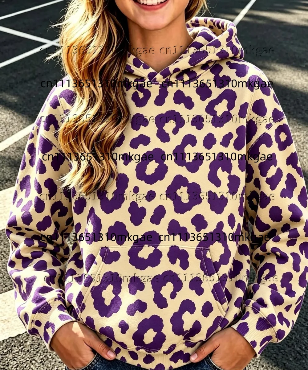 Women Hoodie Purple Leopard Print Long Sleeve Pullover Hooded Sweatshirt Kangaroo Pocket Y2K Casual Streetwear Fall Winter Tops