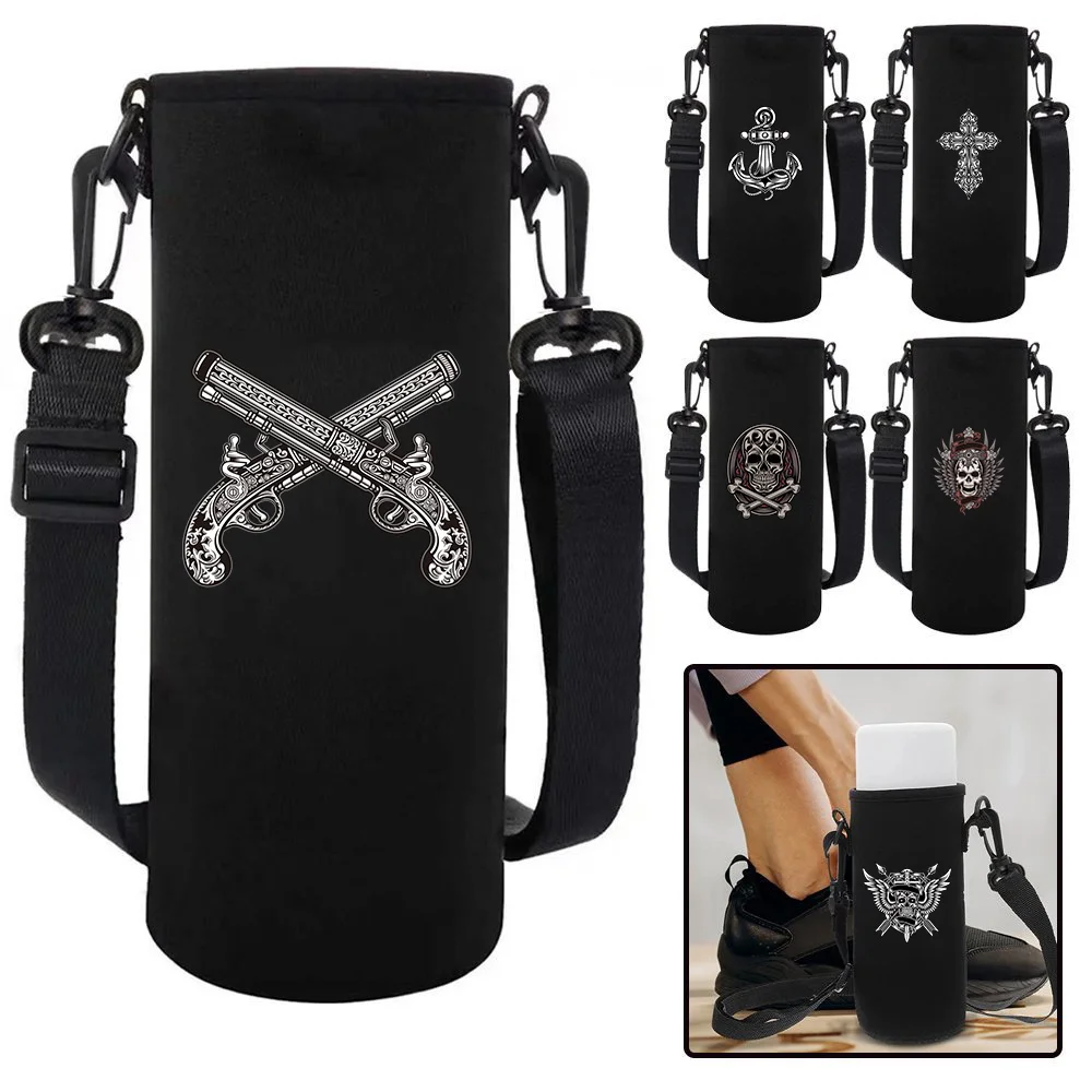 550-1500ML Skull Print Insulated Water Bottle Sleeve Adjustable Strap Portable Outdoor Water Bottle Carrier for Hiking