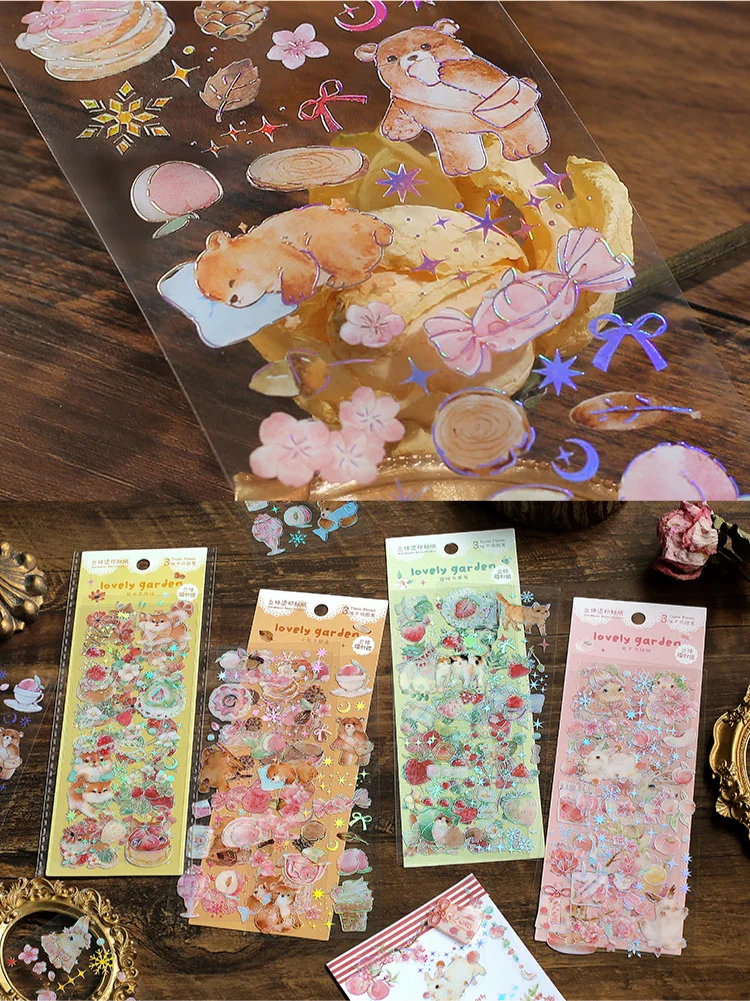 3 Sheets/pack Laser Bronzing PET Hot Stamping Jellyfish Cute Bear Dog Florals Transparent Decorative Stickers