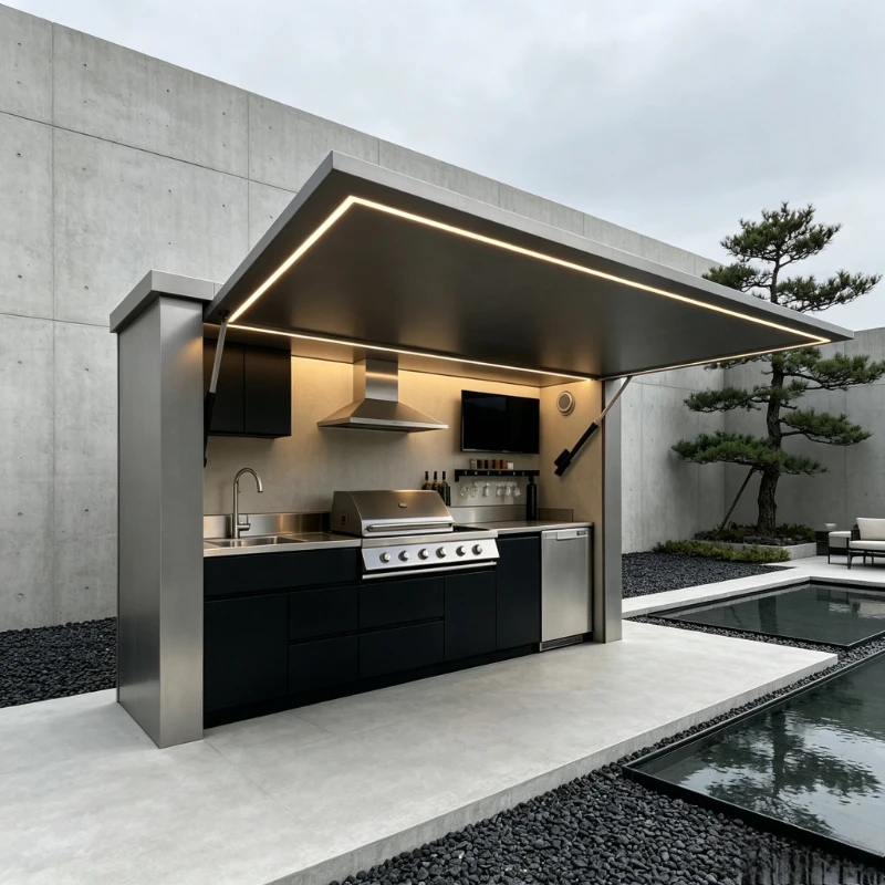 Waterproof Anti Rust Modular Outdoor Kitchen Cabinet With Built In Gas Grill Sink Refrigerator And Remote Canopy