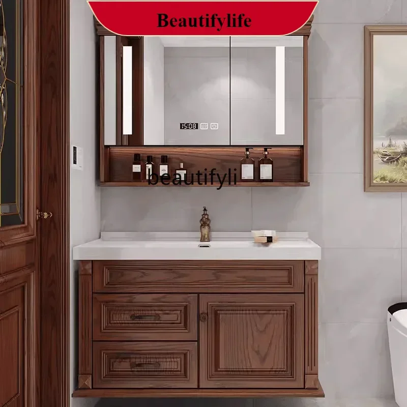 

F185 American Red Oak Integrated Ceramic Basin Bathroom Cabinet Solid Wood Wash Basin Cabinet Smart Bathroom Wall Cupboard