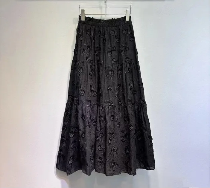 New Hot Sale Long Skirt 2024 Summer High Quality Clothes Women Elastic Waist Allover Exquisite Embroidery Black White Skirt Maxi