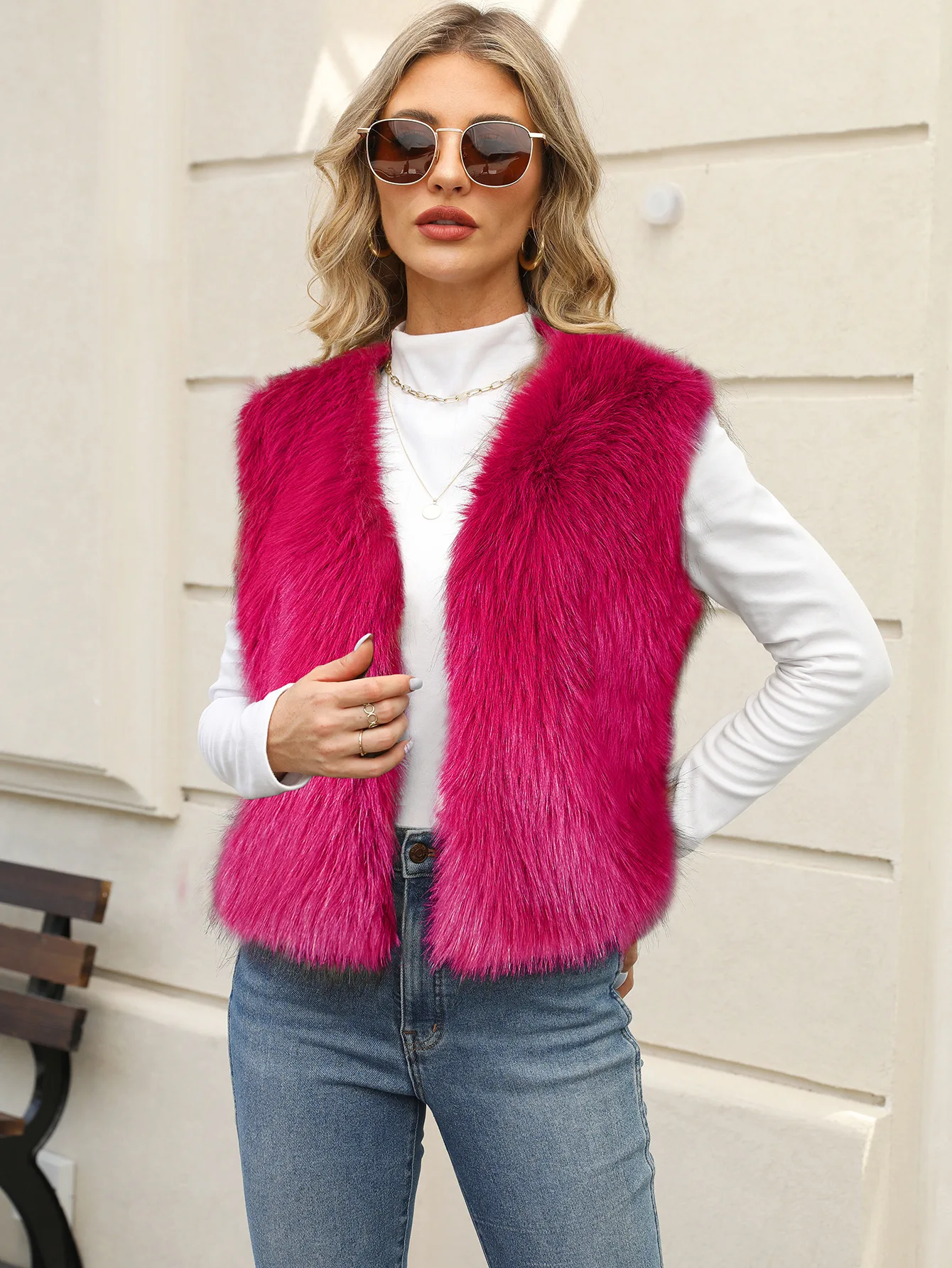 Fashion Rose Red Eco-Friendly Faux Fur Artificial Fur Vest Women's V-neck Thick Plush Waistcoat Winte fashion YCZ6 2
