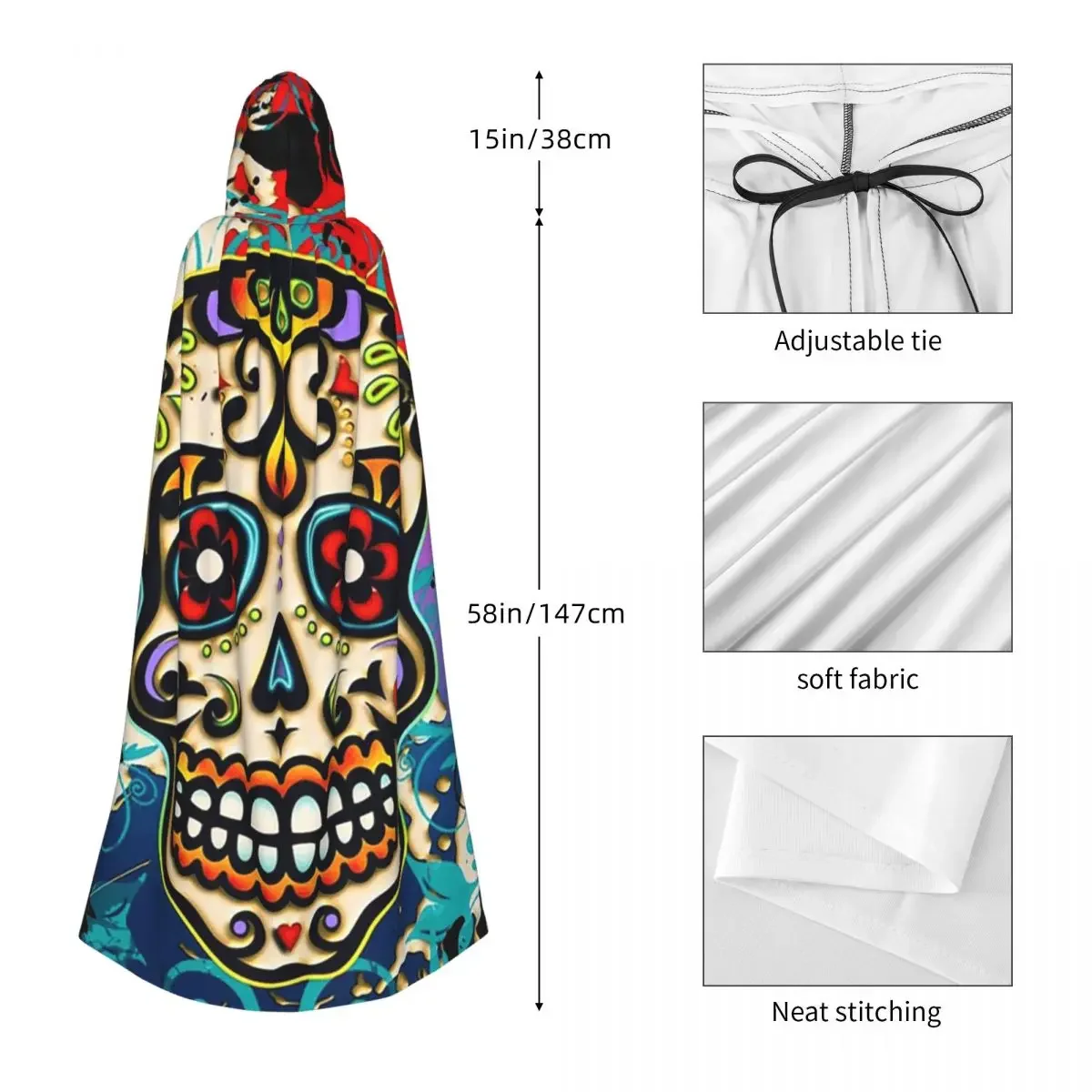 Customization Mexican Sugar Skull Day Of The Dead Dias De Los Muertos Long Hooded Cloak Witch Medieval Costume Cosplay Cape Hall