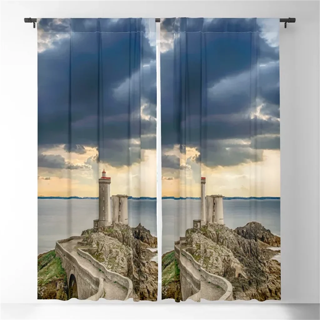 Ocean Waves Sunset Lighthouse Coastal Landscape Photo Shade Curtains Modern Home Living Room Bedroom Window Decor Curtains