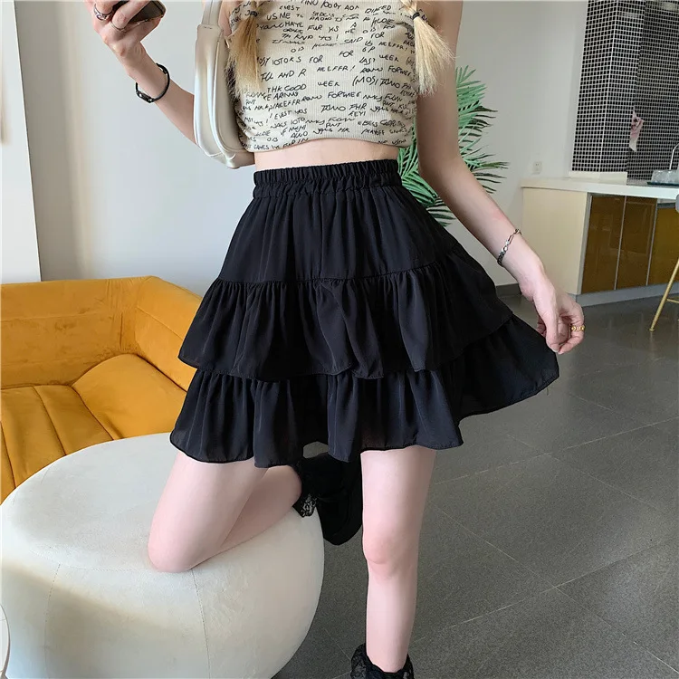 Pleated A-line Skirt White Women Ruffles Sweet Hottie Preppy Style Elastic Elastic Waist Slim Thin SimpleCasual Summer Wholesale