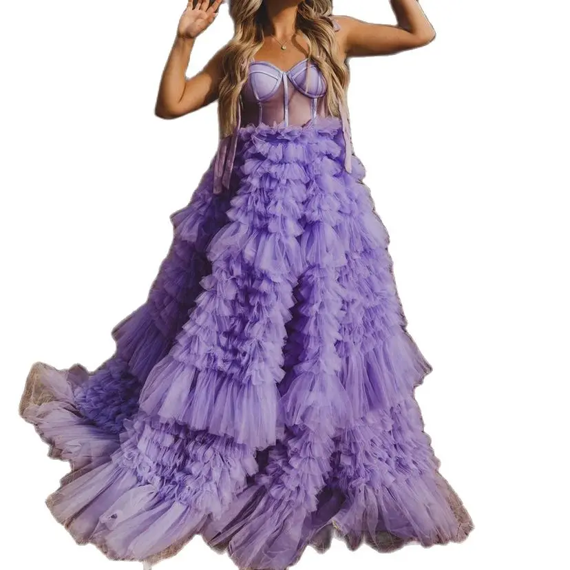 

New Lavender Maternity Evening Dresses Robes for Photo Shoot Baby Shower Ruffle Tulle Chic Women Gonws Photography Wear