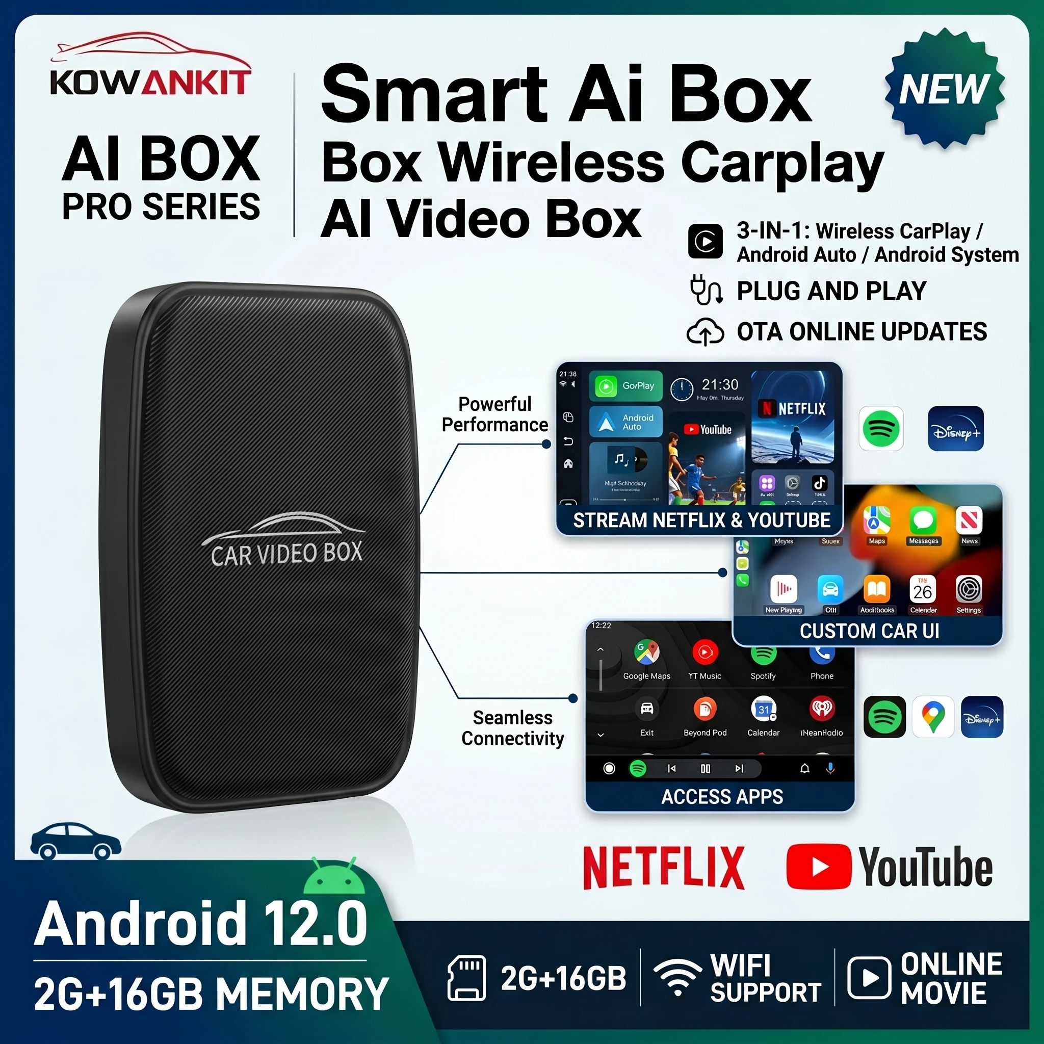 KowanKit 2026, Caja Inalámbrica Carplay con IA, Android Auto TV BOX para Netflix y YouTube, Adaptador Inteligente 5 en 1 para Toyota, Mazda, Hyundai