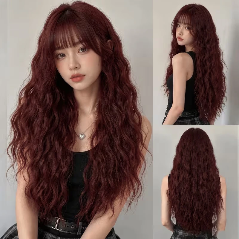 Women’s 28-inch synthetic burgundy-coloured long curly hair with light, airy fringe – suitable for everyday and party styles